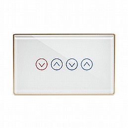 מתג תריס חכם כפול זכוכית לבנה עם זהב (קופסא 3 מודול) מתג תריס חכם כפול זכוכית לבנה עם זהב (קופסא 3 מודול)